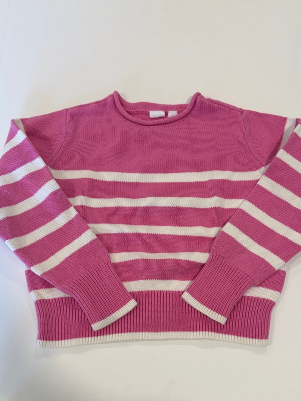 Girls Pink & White Striped Rollneck Crewneck Sweater